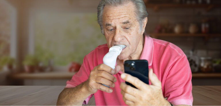 older man using POWERbreathe IMST protocol to help lower high blood pressure and risk of dementia